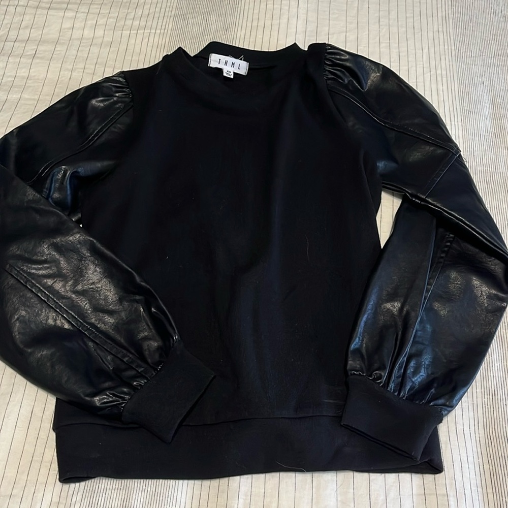 TMHL black sweatshirt with leather sleeves